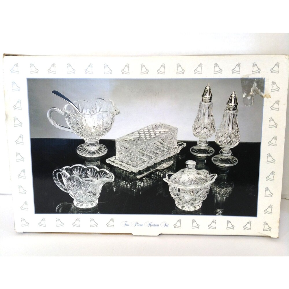 Vtg Crystal Hostess Serving Set 10 Piece Wedding Creamer Sugar Butter Gravy Dish